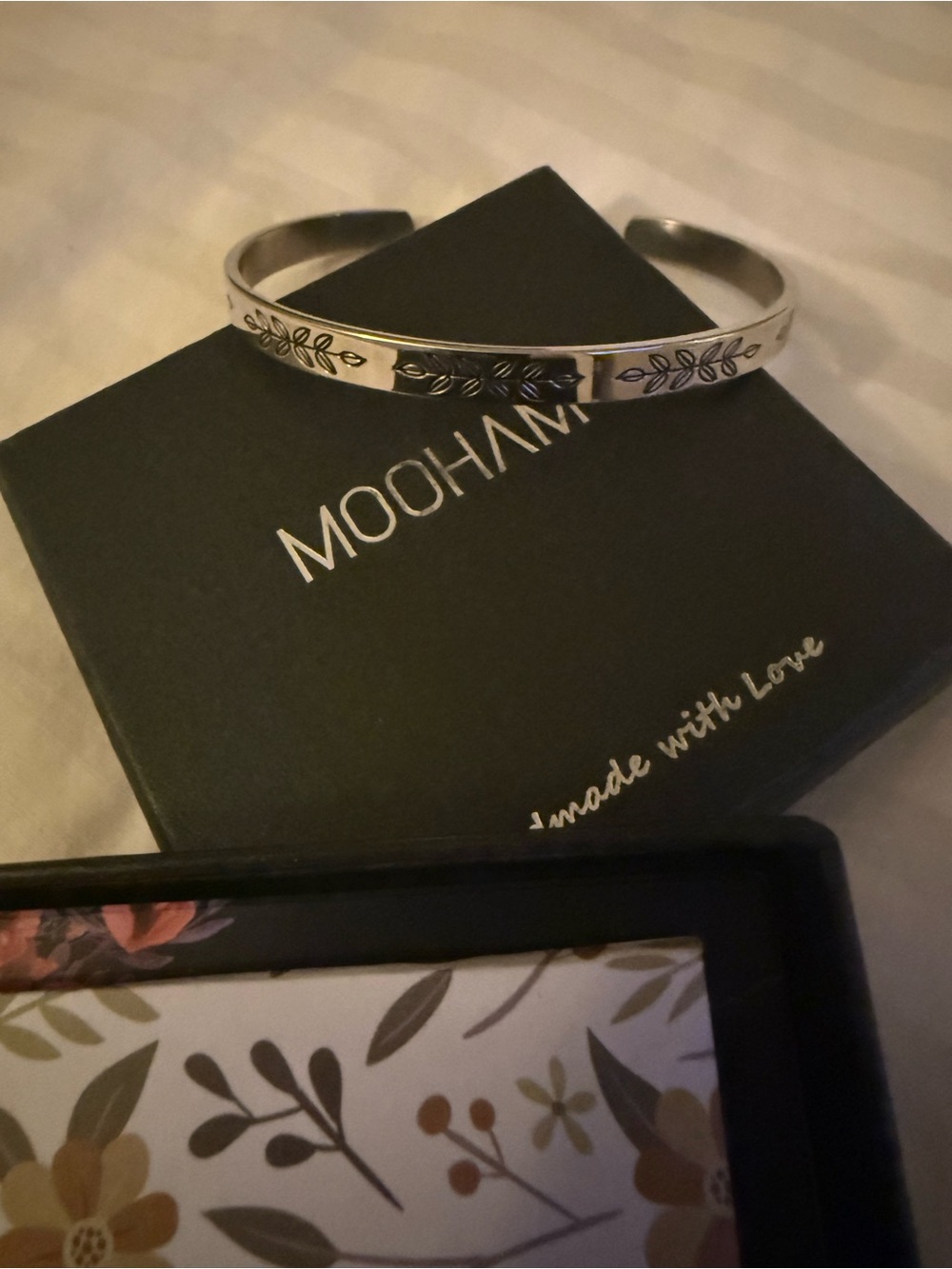 Silver Leaf-Engraved Cuff Bracelet - Silver